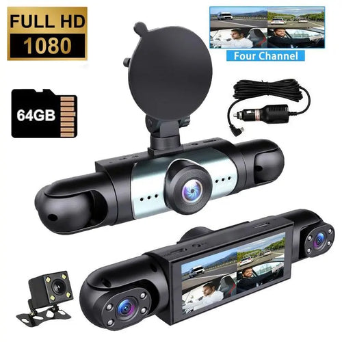 4-Lens 1080P Car DVR with 64GB Memory Card, Night Vision and 24/7 Parking Mode Surveillance Camera